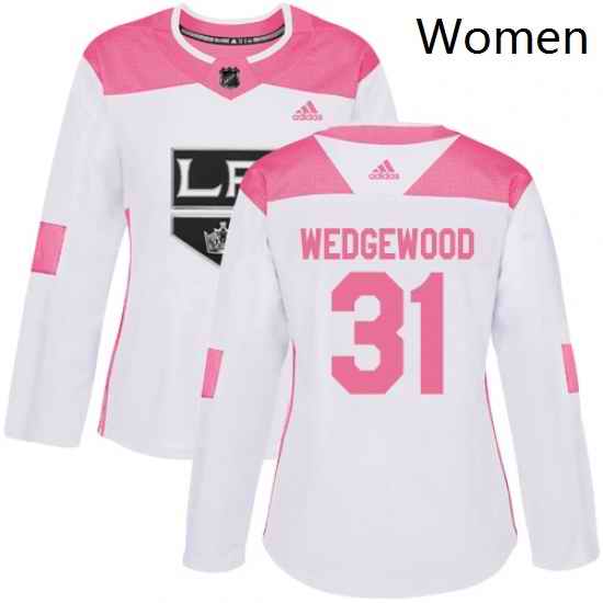 Womens Adidas Los Angeles Kings 31 Scott Wedgewood Authentic White Pink Fashion NHL Jersey
